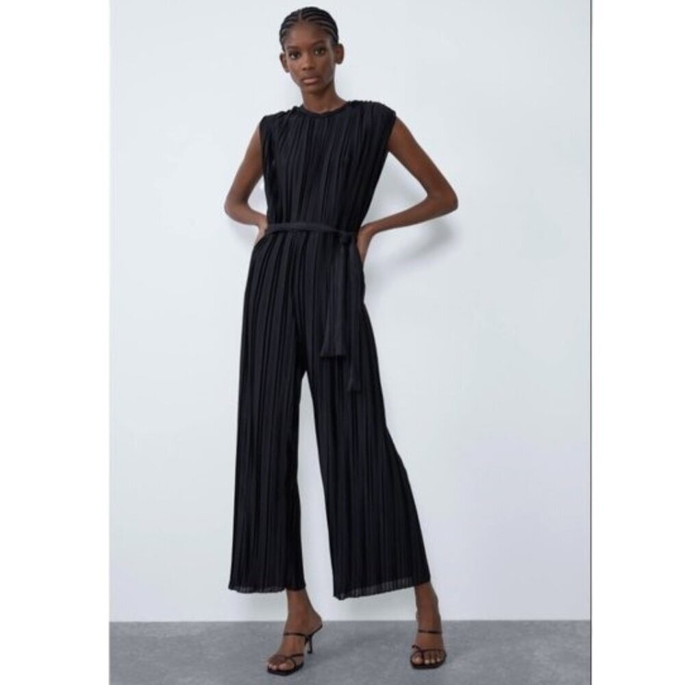 ZARA Black‎ Pleated Sleeveless Romper Jumpsuit Lagenlook Matching Belt Minimal